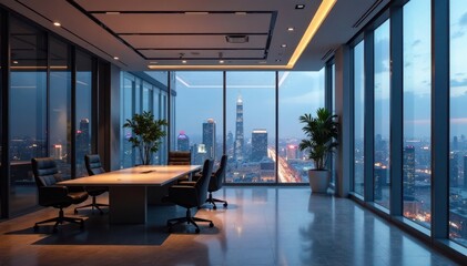Modern office, glass walls, Beijing cityscape, Beijing, stylish