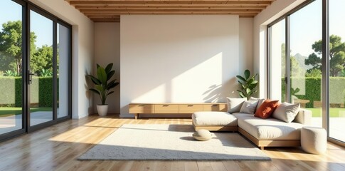 Open floor plan, sparse furnishings, natural light, modern, light