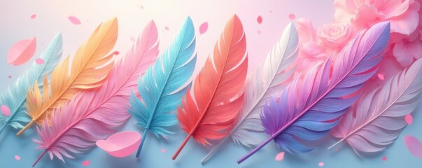 Pastel feather collage, flowing abstract backdrop, peaceful, dynamic