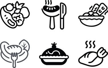 Six icon Collection of food icons with various dishes and a classic apple pie