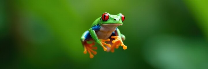 Obraz premium Redeye tree frog, airborne, vibrant green, defying gravity, green, artwork