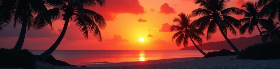 Silhouette of palm trees against blazing Caribbean sunset over tranquil beach , ocean, photography