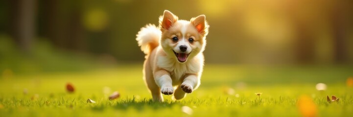 Small, fluffy dog bounds with glee, tail wagging wildly , jumping dog, energetic