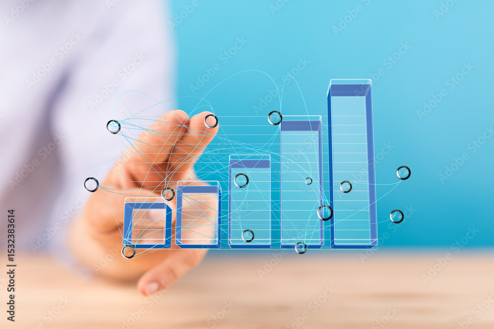 Poster Hand interacting with a 3D bar chart.  Modern business analytics concept.
