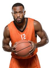 Portrait of a basketball player in orange jersey holding a ball looking at the camera on black background