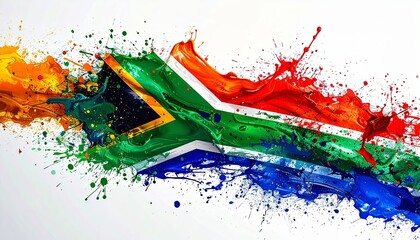 the South African flag with a paint-splatter effect, creating a vivid and dynamic visual. The vibrant colors of the flag stand out against the artistic background.