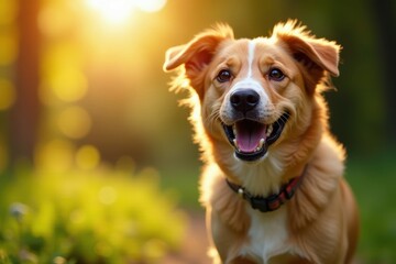 Smiling dog with leash in mouth, eager for adventure, pet care, outdoors