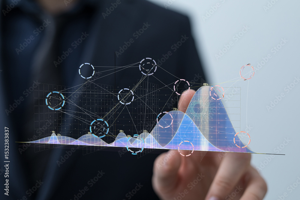 Poster stock photo of a businessman interacting with a holographic data graph, showcasing modern technology
