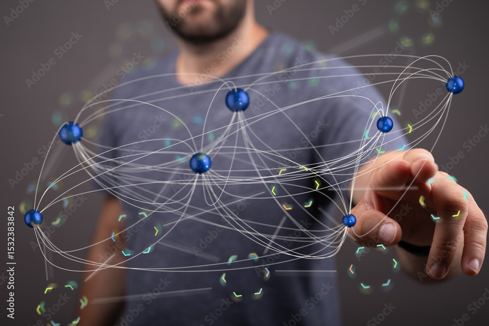 Aufkleber Man interacting with a digital network, representing global connections and technology.