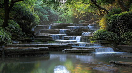 Peaceful waterfall, lush green forest, stone steps, tranquil water, sunlight, serene nature scene