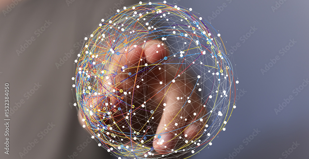 Aufkleber Abstract image of a hand interacting with a digital sphere, representing global network connections and data.