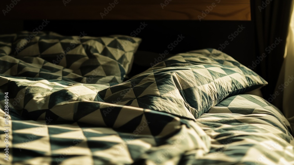 Poster close up view of a rumpled bed with patterned bedding