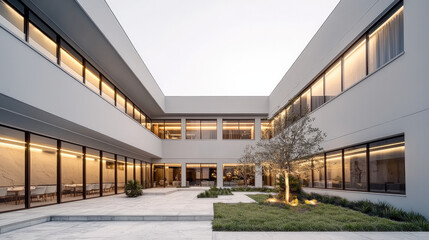 Modern style warm courtyard with minimalist landscaping, large windows, and soft evening lighting, creating peaceful