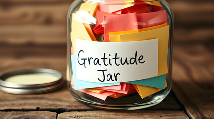 Gratitude jar full of colorful notes expressing thankfulness