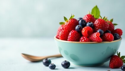 Vibrant bowl of fresh summer berries, juicy and ripe, foodstyling, juicy, photography