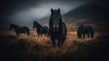 Four black horses standing in a field during a dim evening