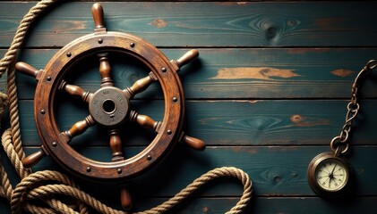 Weathered ship's wheel, nautical rope, old compass, aged wood texture , design, photo