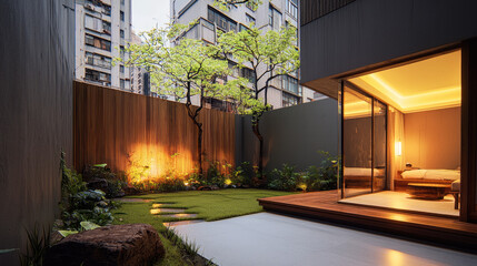 Modern style warm courtyard with wooden deck, green grass, trees, and cozy lighting, urban apartment outdoor space