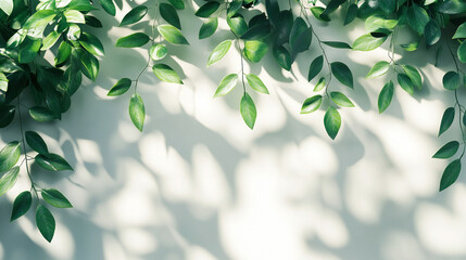 Abstract silhouette shadow white background of natural leaves tree branch falling on wall. blurry shadow of tropical leaves morning sun light
