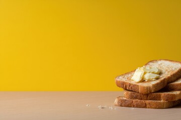 Warm buttered toast stacked on a wooden table against a bright yellow background