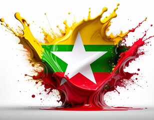 flag of Myanmar, illustrated with splashes of yellow, red, and green paint. The vivid colors create a lively and dynamic effect.