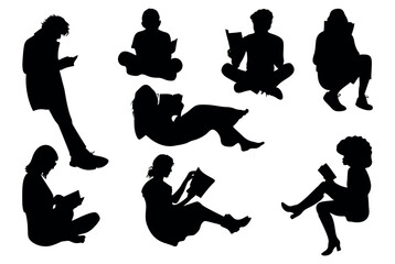 Silhouettes of people with a book. reading book silhouettes set