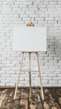 A blank canvas stands on an easel in a bright, minimalistic studio, awaiting the start of a creative painting session