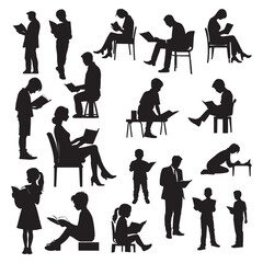 Silhouettes of people with a book. reading book silhouettes set