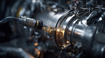 Ultra-detailed close-up of modern jet engine being fueled with sustainable aviation fuel derived from ethanol, technical precision showing fuel injection systems