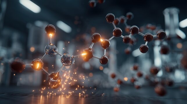 Turning low-carbon ethanol into sustainable aviation fuel. Ultra-realistic 3D visualization of ethanol molecules transforming into aviation fuel compounds