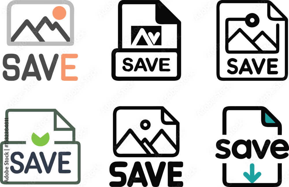 Poster six icon collection of save icon designs representing file storage and data preservation