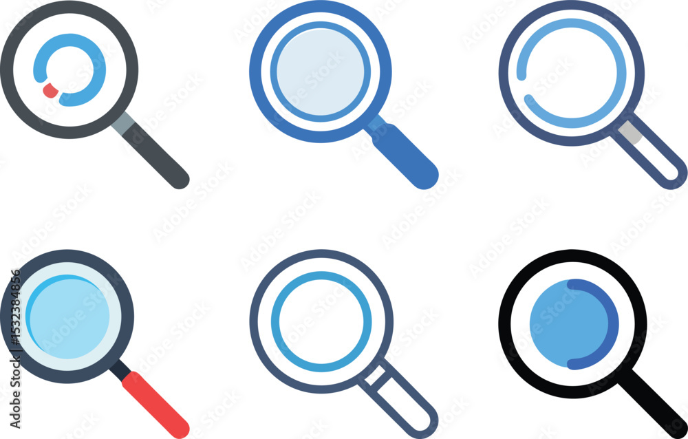 Poster six icon collection of colorful magnifying glasses with different designs for search concepts