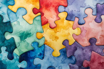 Colorful watercolor puzzle pieces interlocking together forming a vibrant pattern