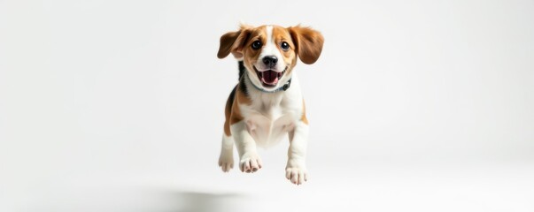 Beagle dog leaps joyfully, front view on white , doggy, animal photography