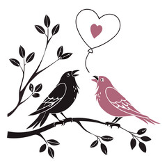 Romantic Birds on Branch with Heart Balloon Illustration