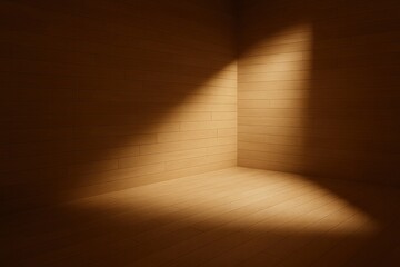  an empty, minimalist interior clad entirely in horizontal wooden planks. A single, angled spotlight pours warm, golden light across the back wall and floor, creating a sharp contrast.