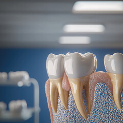 Realistic tooth model dental crown gum enamel root oral health closeup clinic background