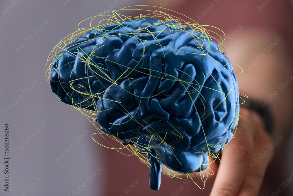 Poster 3d rendering of a human brain with glowing neural pathways. perfect for medical, science, or technol