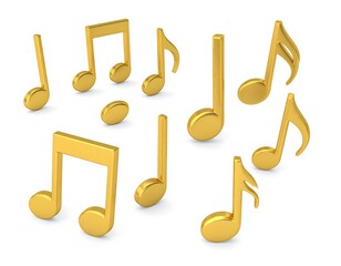 Gold musical notes arranged on white background