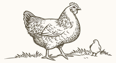 Hen and Chicketch Drawing, Farm Animal Illustration
