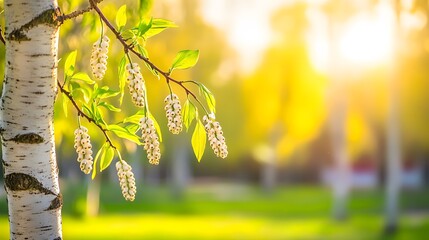 Obraz premium Stunning Spring Blossoms on Birch Tree Branch in Sunlight