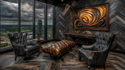 Luxurious interior room featuring two armchairs and a cityscape view