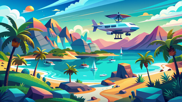 A vacation background filled with wanderlust captures the travel concept. Aerial drone view soars above a beautiful Caribbean tropical island, where palms meet turquoise water in a dreamy banner wide 