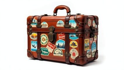 Maleta de viaje de cuero vintage con pegatinas de viaje recortadas, aislada sobre fondo blanco