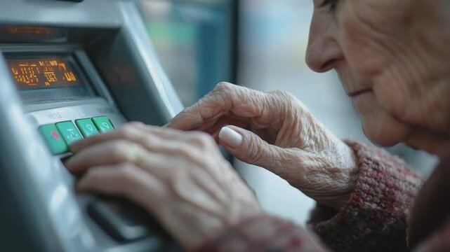 Financial interaction: An older person utilizes an automated teller machine, highlighting themes of financial transactions and technology in daily life.