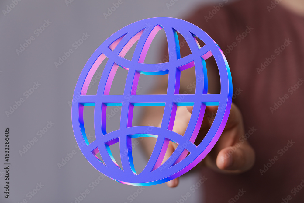 Aufkleber Abstract image of a person interacting with a 3D holographic globe, symbolizing global connectivity and technology.