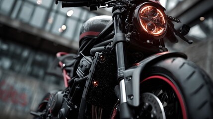 Fototapeta premium Close-up of a striking motorcycle showcasing modern design with vibrant headlight