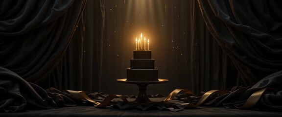 Black velvet birthday background with gold candlelight glow, moody ribbon folds, and floating cake silhouette.