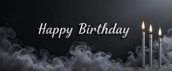 Minimal dark-themed birthday layout with crisp shadows, silver candle icons, and smoke-textured accents.

