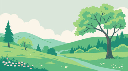 Obraz premium Serene Spring Landscape: Green Hills, River, and Trees